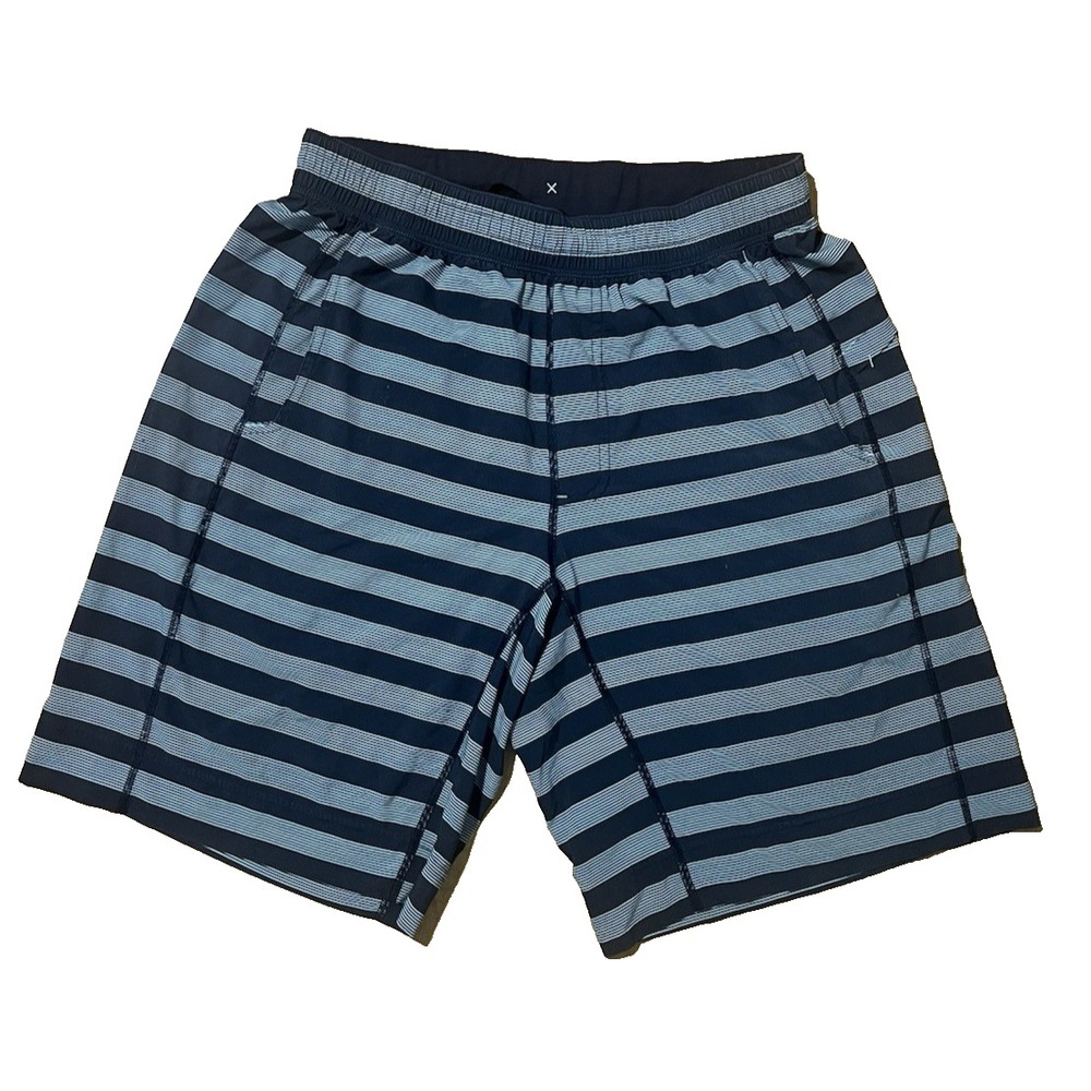Lululemon Core Linerless Athletic Shorts Drawstring Mens Small Mint Blue Striped